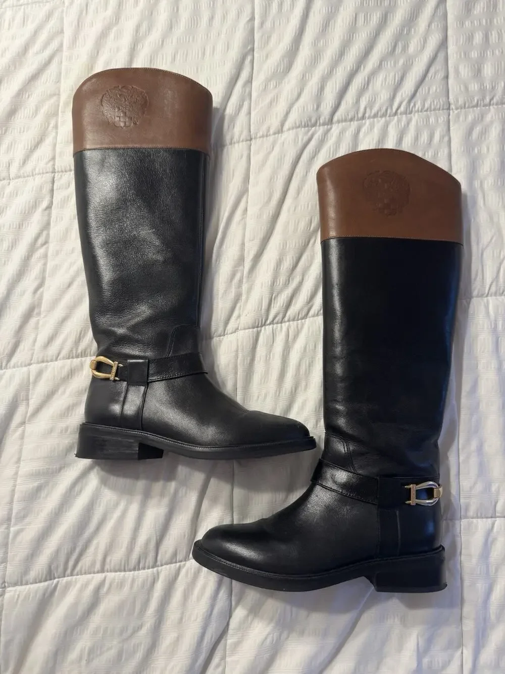 Vince Camuto Amanyir Riding Boots Brown Leather Black Crest Preppy Equestrian